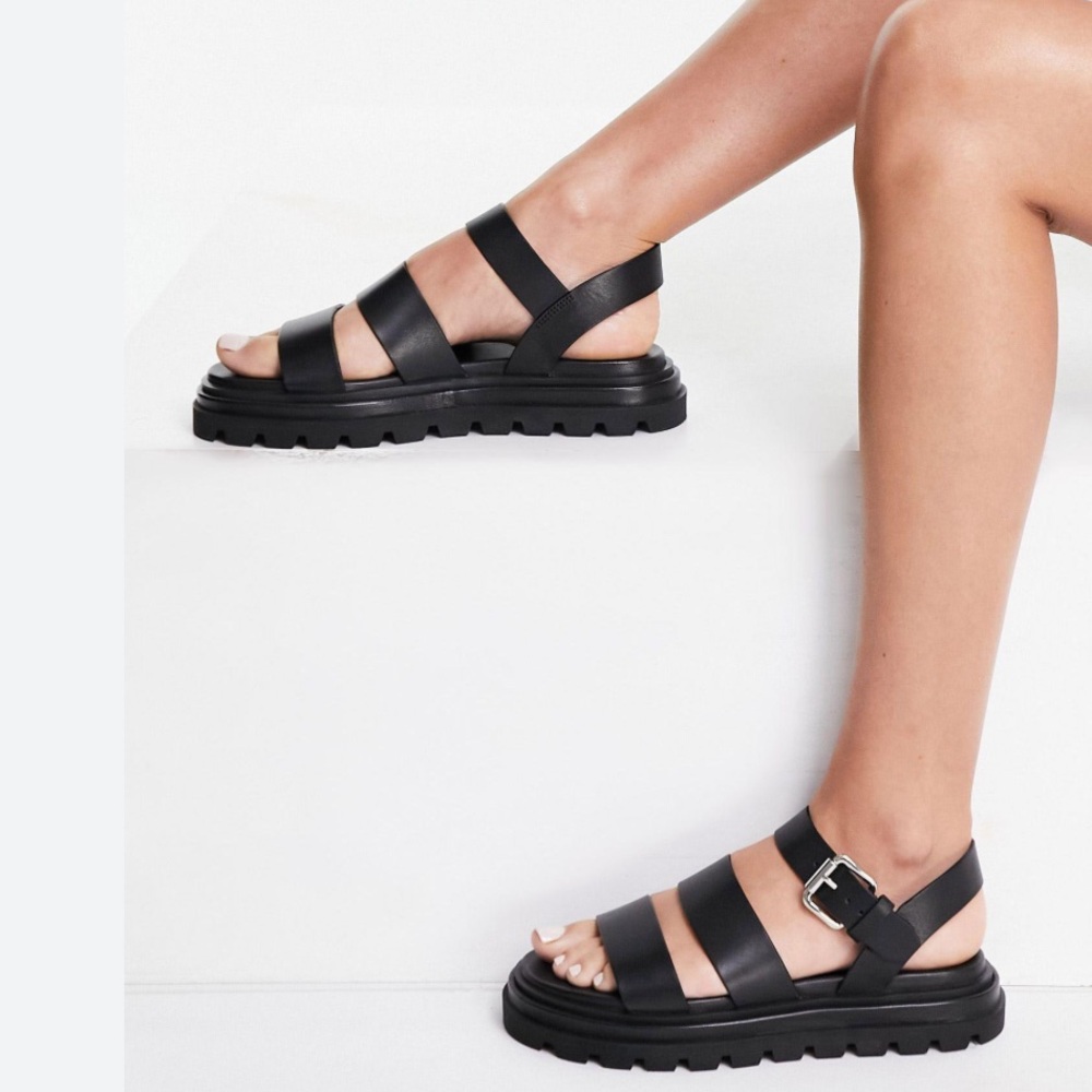 & Other Stories Chunky Lug Sole Leather Sandals 6.5 Strappy Black Festival